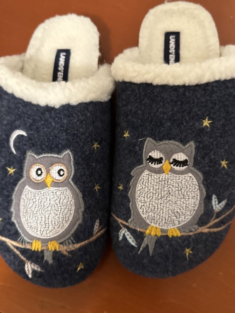 Lands End Womens 7 NWOB Sleepy Blue Owl Sherpa Lined Clog House Slippers Lux $69